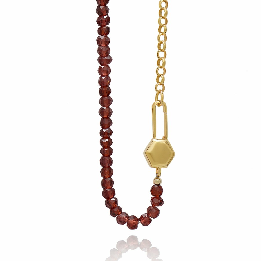 Category Vendor | Styled Asymmetric Garnet Padlock & Hexagon Padlock Layered Necklace Set