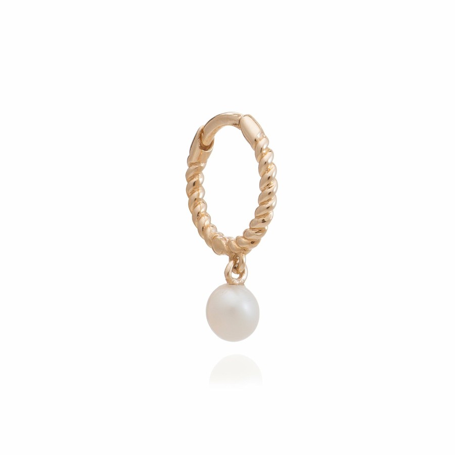 Category Vendor Hoop Earrings | Single Solid Gold And Pearl Rope Twist Huggie Hoop